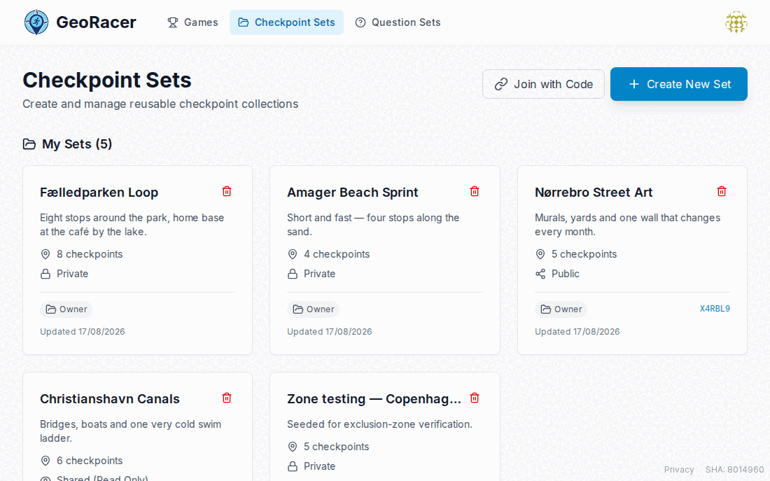 Checkpoint Sets list page showing several checkpoint sets, each private and owned, with checkpoint counts.