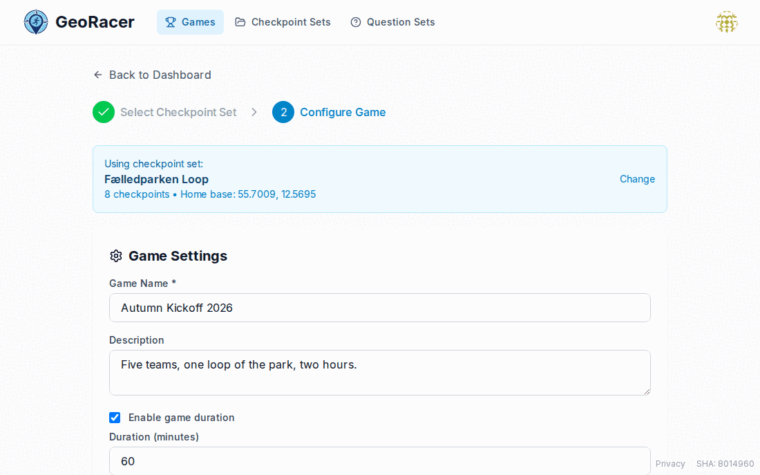 Game Settings form showing name, description, game duration, trail duration, and map display options.