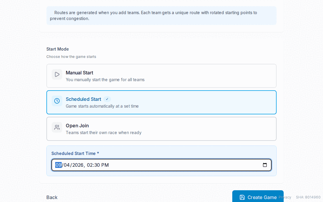 Start Mode options showing Manual Start, Scheduled Start with a datetime field, and Open Join.